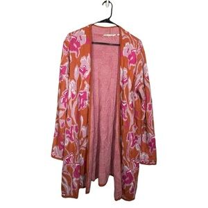 Soft Surroundings Leslie Med Weight Open Front Cardigan Pink Orange Floral Large